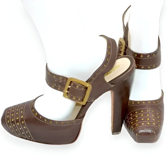 L.A.M.B Gold Studded Brown Leather Square Toe Structured Slingback 6" Heels 10 - Picture 3 of 7